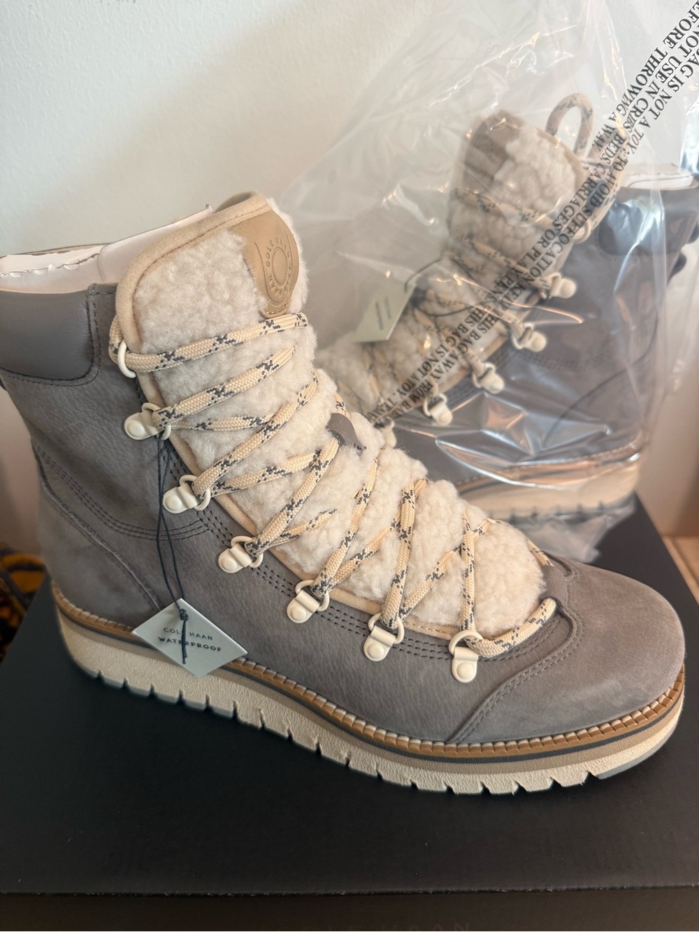 Cole Haan Gray Lace-Up Shearling Combat Boot